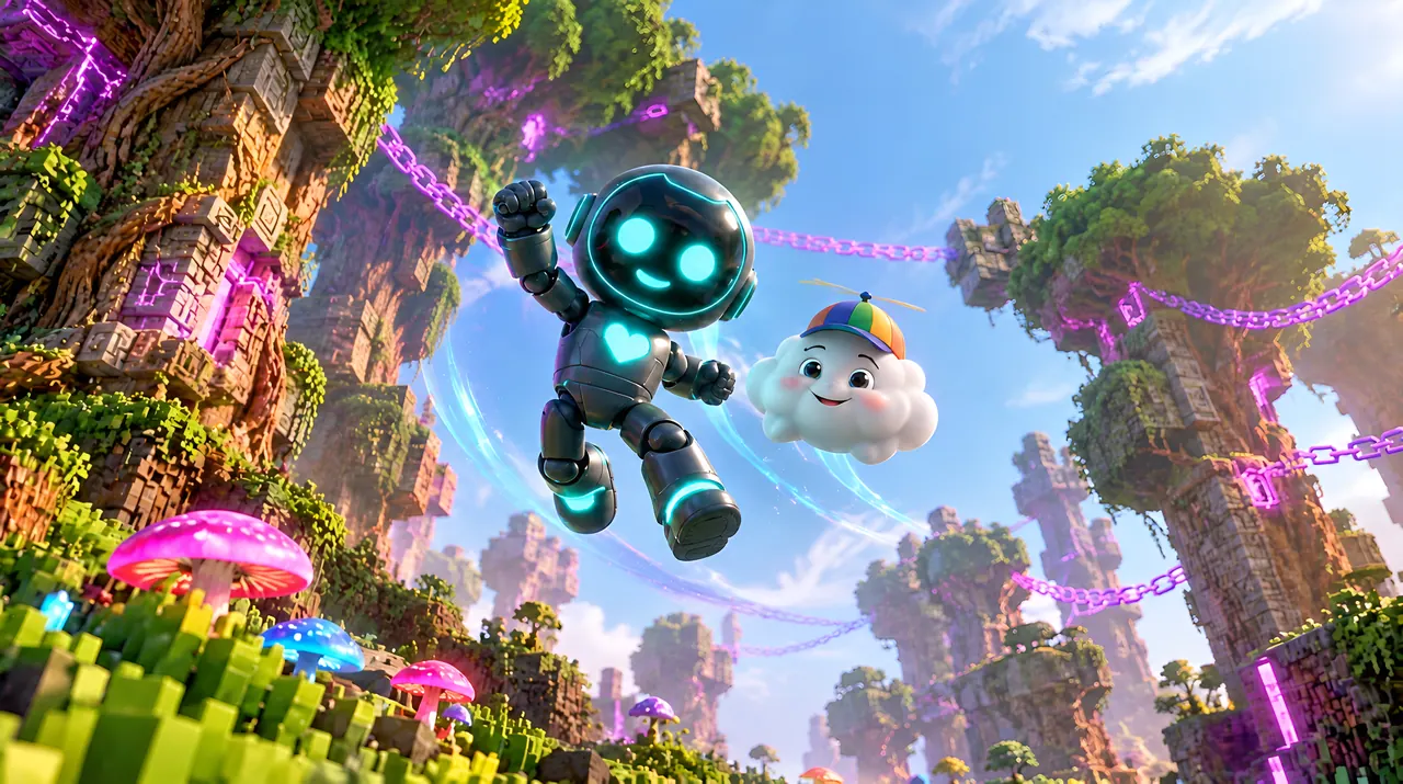 Neo et Cappy s'envolent dans la forêt aux chaînes — artwork officiel de Super Neo