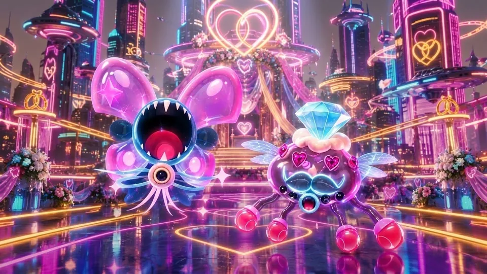 Super Neo : deux créatures du jeu devant une cité néon aux cœurs lumineux